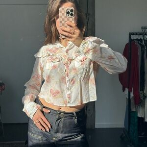Cotton Floral Ruffle Cowboy Western Blouse - Cream and Pink